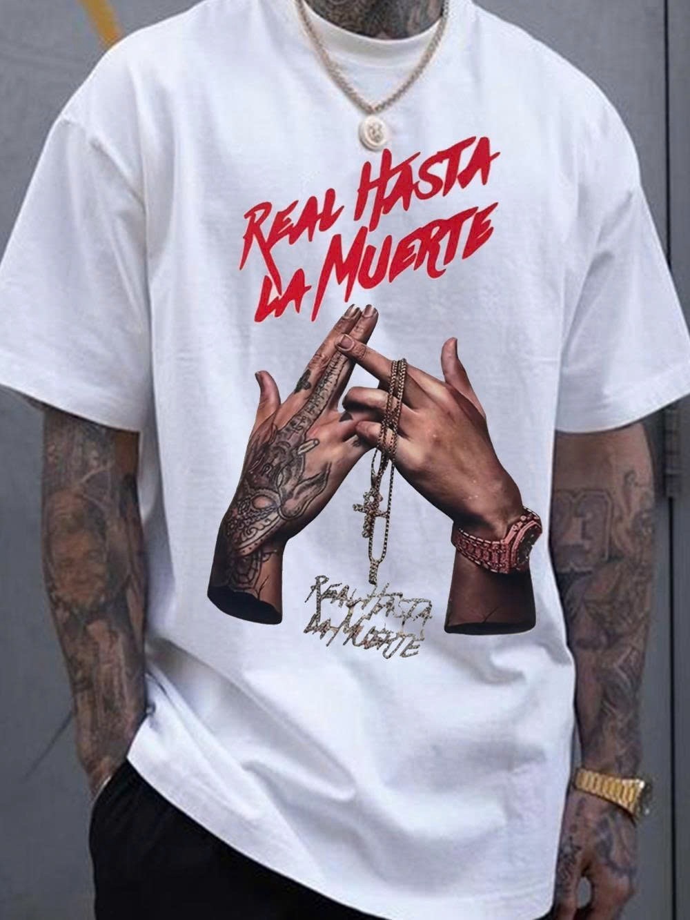 Gildan White Short Sleeve Tee with Red Script & Hand Graphic